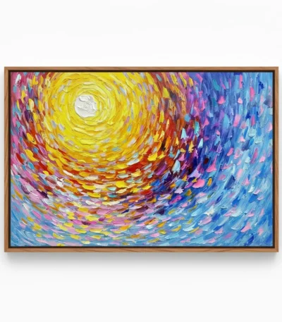 Gestural abstract hand-painted canvas with concentric swirling sun motif in vibrant yellows, pinks, and blues, white wall backdrop