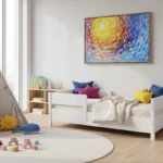 Gestural abstract hand-painted canvas with swirling yellow sun and vibrant blue-purple brushstrokes, children's bedroom