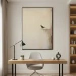 Minimalist hand-painted canvas featuring solitary bird perched on weathered ledge, cream and charcoal palette, modern workspace