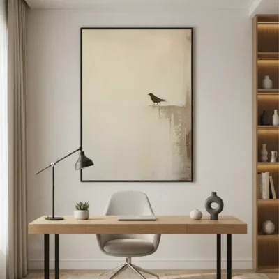 Minimalist hand-painted canvas featuring solitary bird perched on weathered ledge, cream and charcoal palette, modern workspace