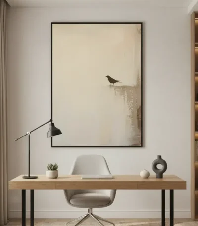 Minimalist hand-painted canvas featuring solitary bird perched on weathered ledge, cream and charcoal palette, modern workspace