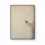 Minimalist hand-painted canvas featuring a solitary bird silhouette in charcoal on weathered cream and taupe background