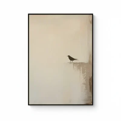 Minimalist hand-painted canvas featuring a solitary bird silhouette in charcoal on weathered cream and taupe background