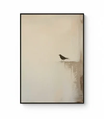 Minimalist hand-painted canvas featuring a solitary bird silhouette in charcoal on weathered cream and taupe background