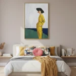Contemporary figurative painting of woman in yellow dress and black hat with pink accents, muted neutral palette, modern bedroom