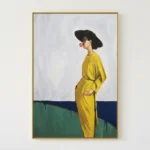 Contemporary figurative hand-painted canvas of woman in yellow robe with red bubble gum, green and navy horizon line