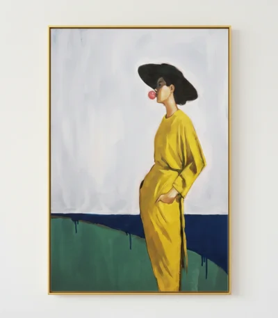 Contemporary figurative hand-painted canvas of woman in yellow robe with red bubble gum, green and navy horizon line