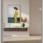 Contemporary figurative painting of woman in golden yellow dress with black hat, navy and green colorblock background, modern entryway