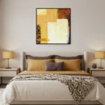 Abstract hand-painted canvas in warm ochre, cream, and rust tones with layered geometric forms, modern bedroom