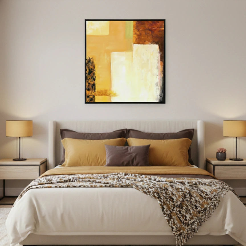 Solstice Passage Ochre light play abstract art (1.5) Abstract hand-painted canvas in warm ochre, cream, and rust tones with layered geometric forms, modern bedroom