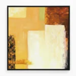 Layered abstract hand-painted canvas in warm ochre, cream, and rust tones with textured gestural marks