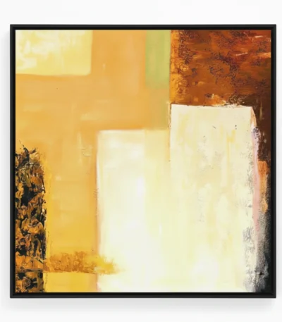 Layered abstract hand-painted canvas in warm ochre, cream, and rust tones with textured gestural marks