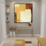 Abstract hand-painted canvas in warm ochre and cream tones with layered geometric composition, contemporary entryway