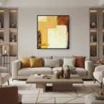 Layered abstract hand-painted canvas in golden yellows, creams and burnt orange tones, contemporary living space