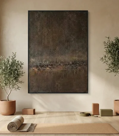 Textured abstract hand-painted canvas in deep charcoal and bronze tones with gestural horizontal brushwork, contemporary yoga studio