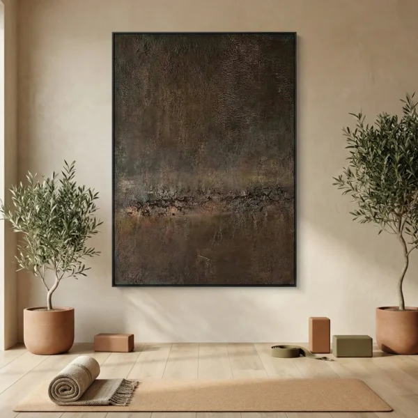 Textured abstract hand-painted canvas in deep charcoal and bronze tones with gestural horizontal brushwork, contemporary yoga studio