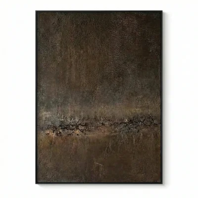 Textured abstract hand-painted canvas in layered charcoal and bronze tones with gestural horizontal elements