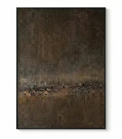 Textured abstract hand-painted canvas in layered charcoal and bronze tones with gestural horizontal elements