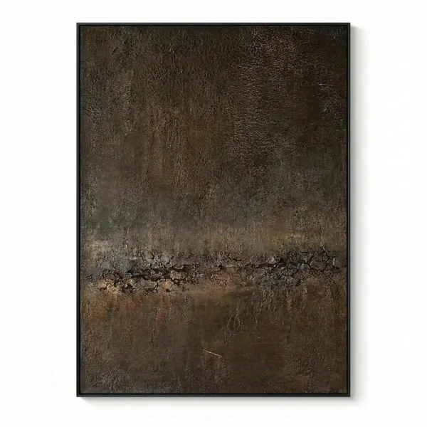 Textured abstract hand-painted canvas in layered charcoal and bronze tones with gestural horizontal elements