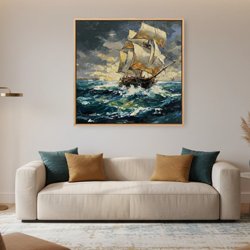 Sovereign Seas Textured Maritime Painting Color art Wall Decor (1.5) Impressionist seascape hand-painted canvas depicting a sailing ship navigating turbulent ocean waves in golden and deep blue tones, contemporary living space