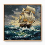 Expressionist hand-painted canvas of a sailing ship navigating stormy seas in cream, gold, and deep ocean blue tones