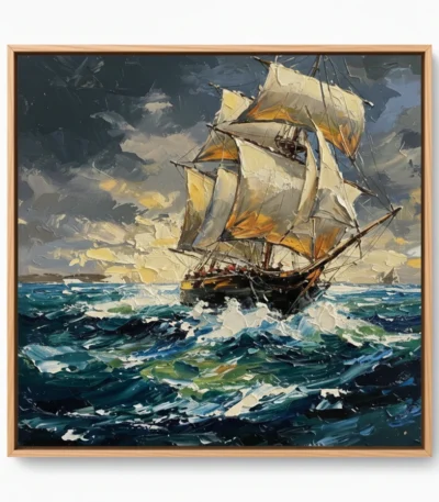 Expressionist hand-painted canvas of a sailing ship navigating stormy seas in cream, gold, and deep ocean blue tones