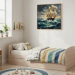 Impressionist seascape painting depicting a sailing ship navigating turbulent ocean waves in golden and deep blue tones, hand-painted canvas in a child's bedroom