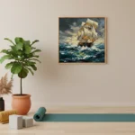 Impressionist seascape hand-painted canvas depicting a sailing ship navigating turbulent ocean waves in golden and deep blue tones, contemporary interior setting