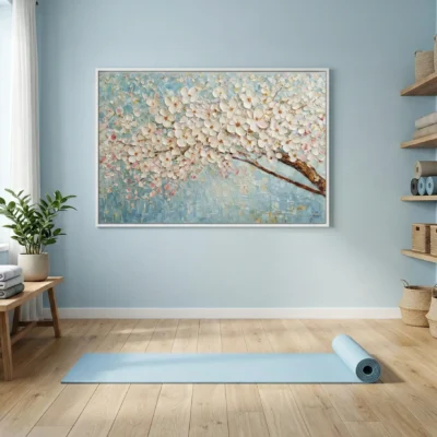 Textured hand-painted canvas depicting white cherry blossoms on brown branch against soft blue palette, yoga studio setting