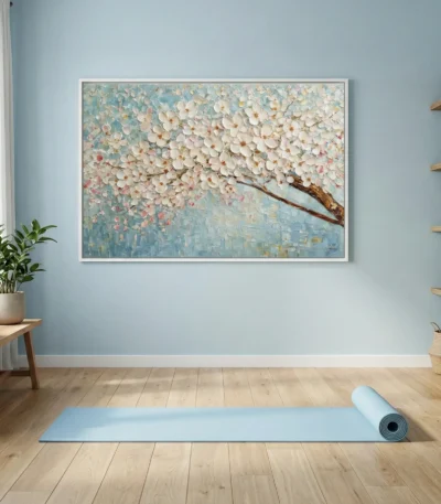 Textured hand-painted canvas depicting white cherry blossoms on brown branch against soft blue palette, yoga studio setting