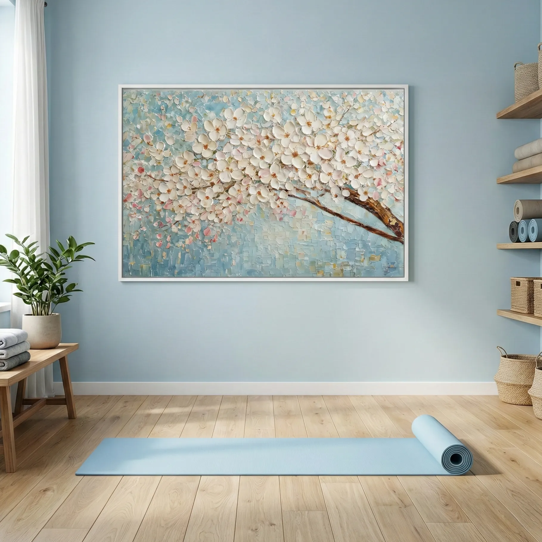 Spring Impasto Thickly painted white branch. abstract wall art (1.5) Textured hand-painted canvas depicting white cherry blossoms on brown branch against soft blue palette, yoga studio setting