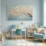 Textured hand-painted canvas of white cherry blossoms on brown branch against soft blue sky, warm neutral palette, children's room setting