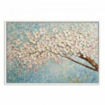 Textured impressionist hand-painted canvas depicting cherry blossoms in cream and blush tones against soft blue background