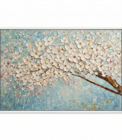 Textured impressionist hand-painted canvas depicting cherry blossoms in cream and blush tones against soft blue background