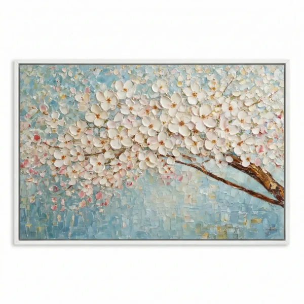 Textured impressionist hand-painted canvas depicting cherry blossoms in cream and blush tones against soft blue background