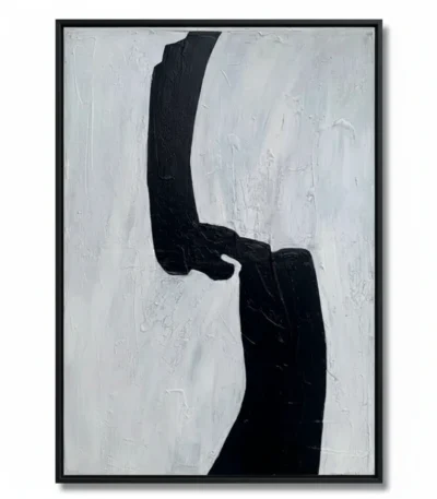 Minimalist hand-painted canvas featuring bold black curved gestural strokes against soft white and grey tonal background