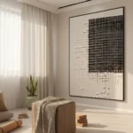 Charred Grid textured wall art shown framed on the wall in a styled interior