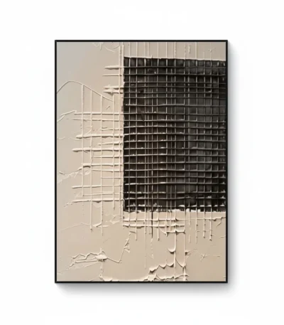 Textured abstract hand-painted canvas with layered grid patterns in cream and charcoal tones, contemporary interior