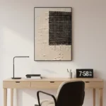 Charred Grid textured wall art shown framed on the wall in a styled interior