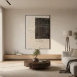 Charred Grid textured wall art shown framed on the wall in a styled interior