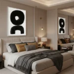 Minimalist abstract hand-painted canvas with bold black geometric forms and negative space, monochrome palette, modern bedroom setting
