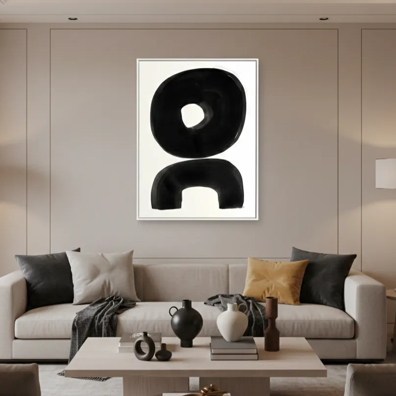 Sumi Balance Arch Fluid black ink shapes contemporary minimal art (1.5) Minimalist abstract hand-painted canvas with bold black organic shapes and negative space on cream, contemporary living space