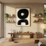 Minimalist abstract hand-painted canvas with two bold black organic forms on cream background, contemporary wellness space