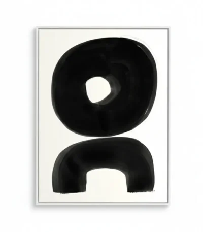 Minimalist abstract hand-painted canvas with bold black organic forms and negative space on cream background
