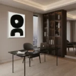 Minimalist monochrome hand-painted canvas with bold organic shapes in black and white, contemporary office space