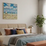 Contemporary landscape painting depicting sailboats and beachgoers under cloudy skies in warm coastal tones, modern bedroom