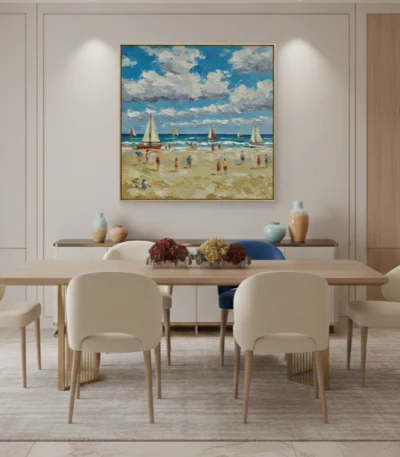 Impressionist hand-painted canvas depicting sailboats and beachgoers under blue sky with white clouds, warm sandy and ocean tones, dining space setting