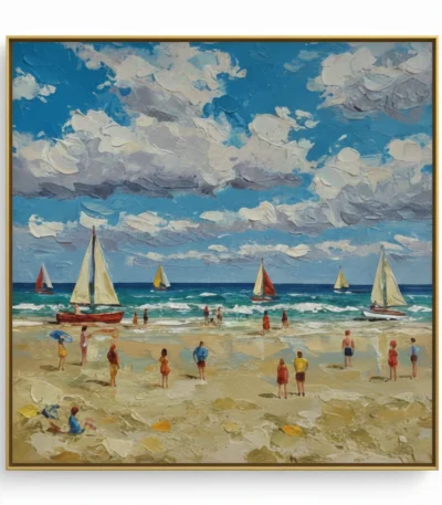 Impressionist hand-painted canvas depicting a lively beach scene with sailboats, beachgoers, and textured clouds in vibrant blues and sandy tones
