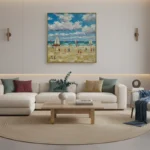 Impressionist hand-painted canvas depicting a sunny beach scene with sailboats, figures, and vibrant blue sky, warm coastal palette, contemporary living space