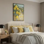 Contemporary still life hand-painted canvas of yellow lemons with Mediterranean landscape, gold and soft blue palette, modern bedroom